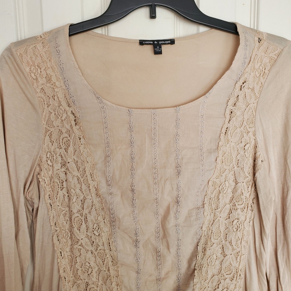 Cable & Gauge Beige Lace Panel Embroidered‎ Long Sleeve Boho Top Womens Medium - Picture 2 of 8